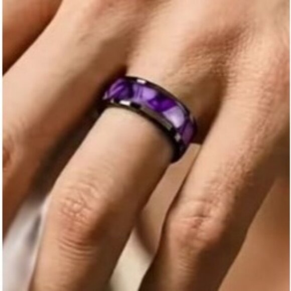 Tungsten Steel Carbide High Polished Purple Marble Inlay statement wedding Ring - Picture 5 of 5